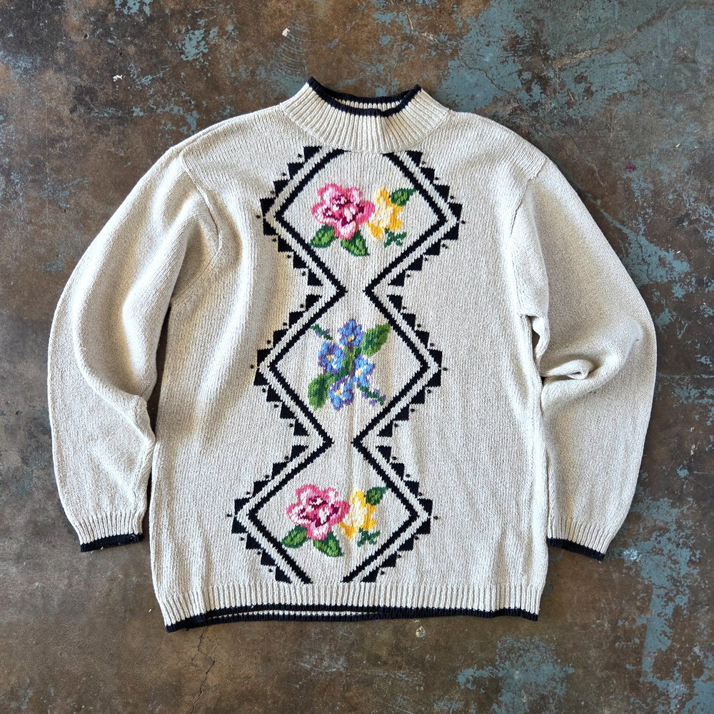 Vintage 90s Cottagecore Sweater Size M Floral Cotton Linen Blend Tan Coquette